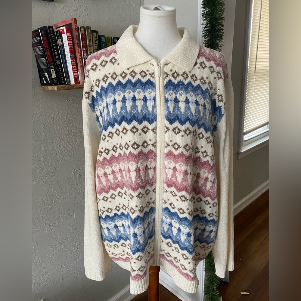Vtg Fair Isle Cream Chenille Knit Sequin Floral Full Zip Sweater Cottage Cozy 3X